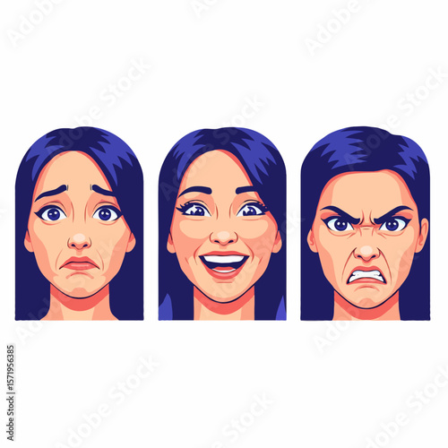 Male and Female Facial Expressions Showing Sadness, Happiness, and Anger Emotions