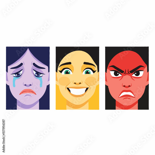 Male and Female Facial Expressions Showing Sadness, Happiness, and Anger Emotions