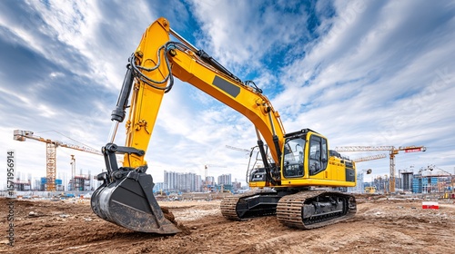 Fototapeta Naklejka Na Ścianę i Meble -  Excavator operating on construction site urban landscape heavy machinery dramatic sky
