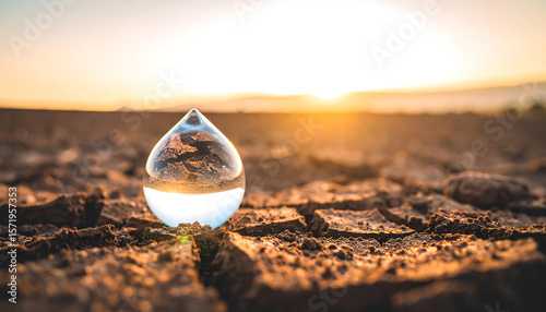 Water droplet reflects drought ridden land, conveying the concept of conservation and scarcity against a warm, beautiful sunset.