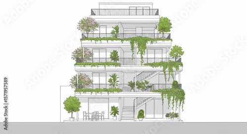 Multi-Story Building Line Art with Integrated Greenery: A Sustainable Architectural Drawing Featuring Rooftop Gardens, Balconies, and Lush Plant Cascades
