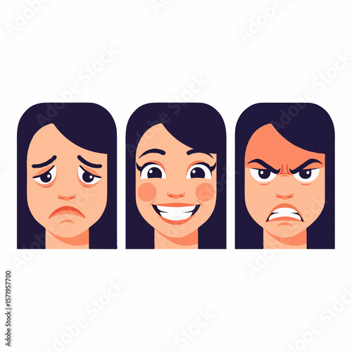 Male and Female Facial Expressions Showing Sadness, Happiness, and Anger Emotions