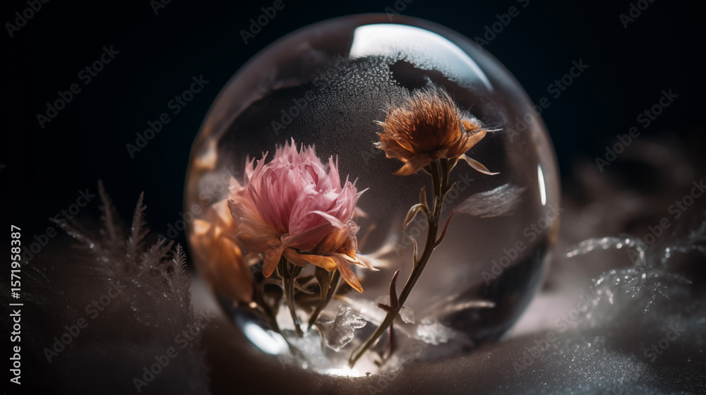 Fototapeta premium Delicate pink and brown dried flowers encased in a frosted glass orb, resting on soft cotton, creating a dreamy floral still life.