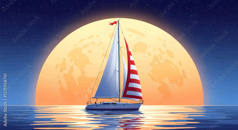 Fototapeta premium Stylized Sailboat Under Luminous Moon/Sun: A Vibrant Illustration of a White-Hulled Boat with Red Stripes and Sails on Calm, Reflective Indigo Waters 