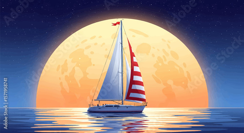 Stylized Sailboat Under Luminous Moon/Sun: A Vibrant Illustration of a White-Hulled Boat with Red Stripes and Sails on Calm, Reflective Indigo Waters
