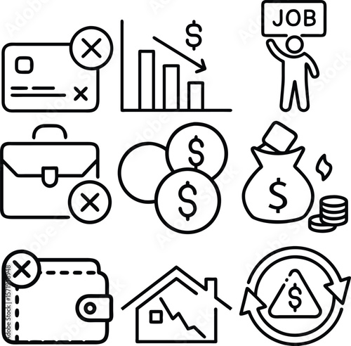 A comprehensive collection of line icons illustrating various aspects of financial crisis, economic decline, and personal debt issues.