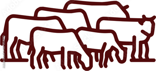 Stylized illustration of a herd of cattle grazing in a field in a simple brown outline style