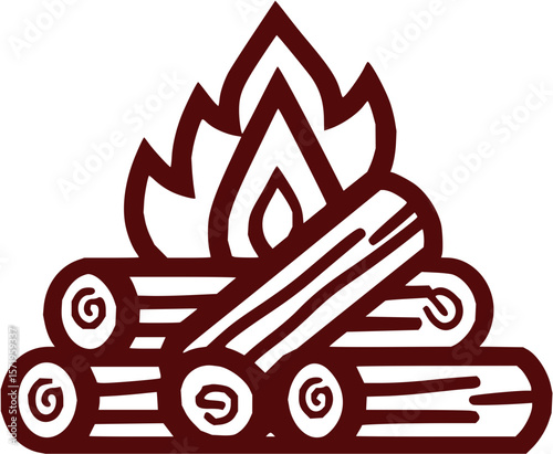 Illustration of a campfire with logs and flames in a simple and stylized brown outline design style