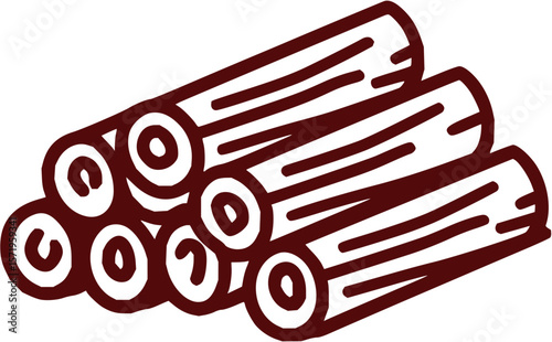 Illustration of a pile of logs stacked together with visible wood grain and circular ends in brown outline