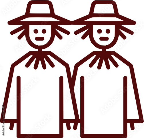 Illustration of two scarecrows with hats and straw hair standing side by side in brown outline style