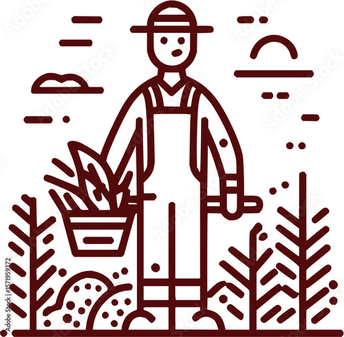 Illustration of a farmer with a hat and overalls holding a basket in a field with plants and clouds