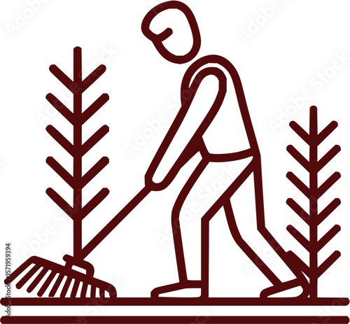 Illustration of a person raking leaves near plants with a simple line drawing style on white background