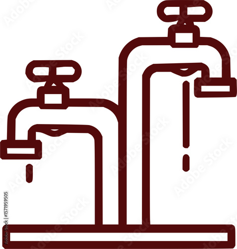 Illustration of two faucets with handles and water droplets in a minimalist brown outline style design