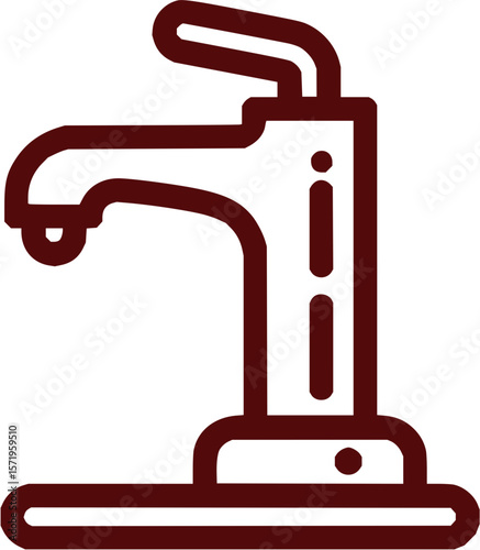 Illustration of a maroon colored faucet with a curved spout and a lever style handle design element