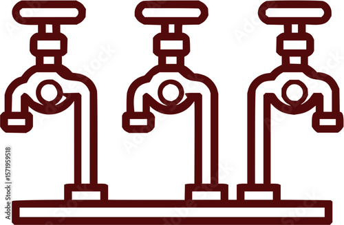 Illustration of three maroon faucets connected to a single base with round handles and spout outlines
