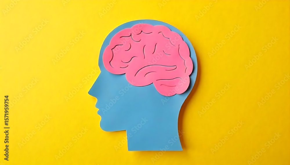 Obraz premium Paper human head with brain on yellow background. Cancer concept, brain cancer. Healthcare concept, created with generative ai