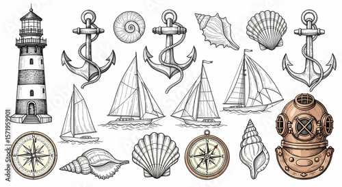 Collection of nautical hand drawn illustrations. Doodle drawings of lighthouses, anchors, sailboats, seashells, compasses and vintage diving helmets. Line art in old map or sailor's journal style
