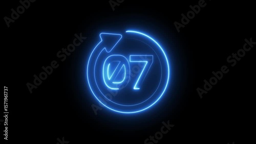 Neon countdown number.  7 hours timer animation.