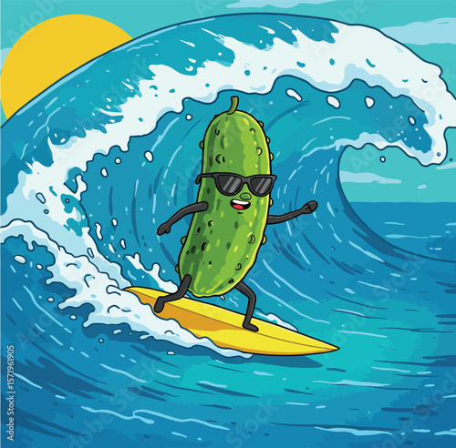 Cool Cartoon Pickle Surfing with Sunglasses - A Humorous Summer Clipart
