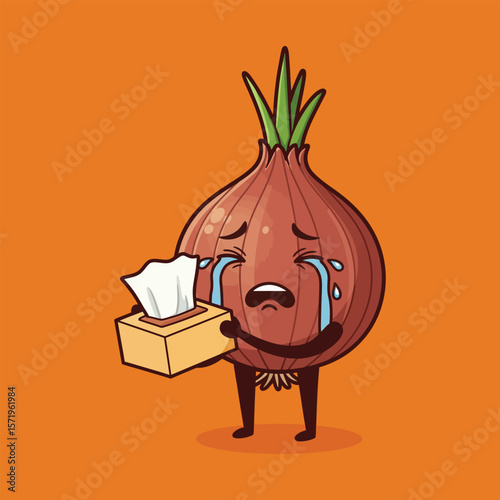 Crying Cartoon Onion with Tissues - A Humorous Kitchen Clipart