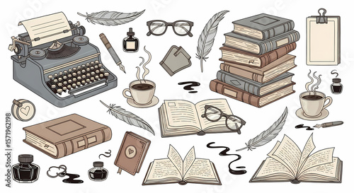 Set of charming hand drawn stationery and bookish doodles. Illustrations of vintage typewriters, quills, ink bottles, stacks of books, coffee cups and reading glasses. Whimsical vintage line art.