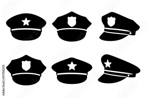 Silhouettes of Police Hats in Black on White Background