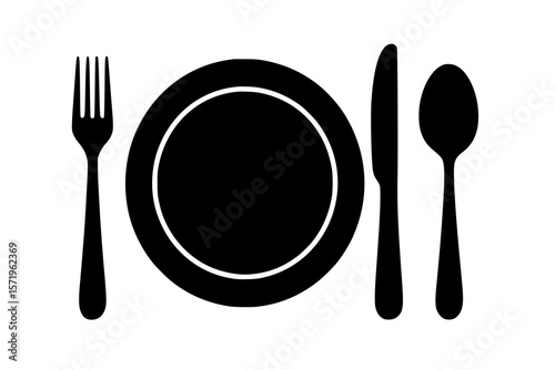 Silhouette of Cutlery and Plate, Black Color Isolated on White Background
