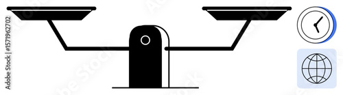 Black balance scale emphasizing equality and comparison, accompanied by a clock and globe icon. Ideal for justice, globalization, ethics, time management, decision-making, fairness balance. Simple