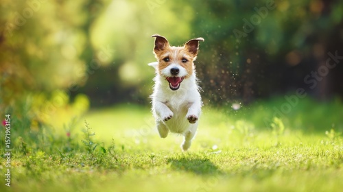 A Jack Russel terrier running joyfully through a sunny field, embodying energy and happiness.
