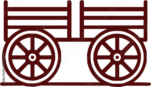 Illustration of a maroon wooden wagon with spoked wheels and horizontal slats on top isolated on white