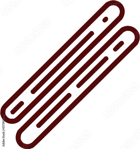 Illustration of two parallel maroon colored ski equipment with rounded edges and line details shown at an angle