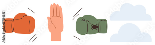 Orange and green boxing gloves halted by an open hand, symbolizing de-escalation and peaceful resolution. Ideal for conflict resolution, negotiation, diplomacy, peace, self-control, communication