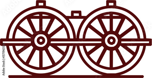 Illustration of a vintage wagon with two wheels connected by a central axle in maroon color scheme