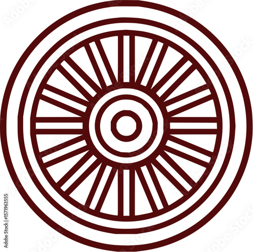 Maroon circular design featuring a wheel like pattern with spokes and concentric rings on a white backdrop