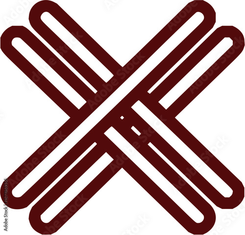 Maroon intersecting rounded lines creating an x shape in a symmetrical and abstract design centered on white