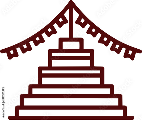 Illustration of a tiered stupa structure with decorative flags hanging from the top corners design art
