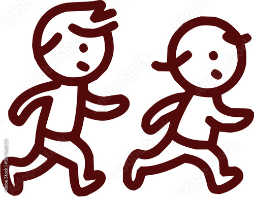 Two simple line drawing figures of children running or playing together in a playful manner art