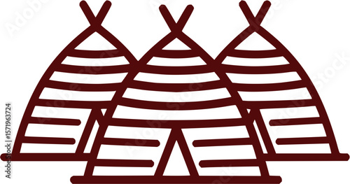 Three teepees outlined in maroon with horizontal lines on a white background illustration design