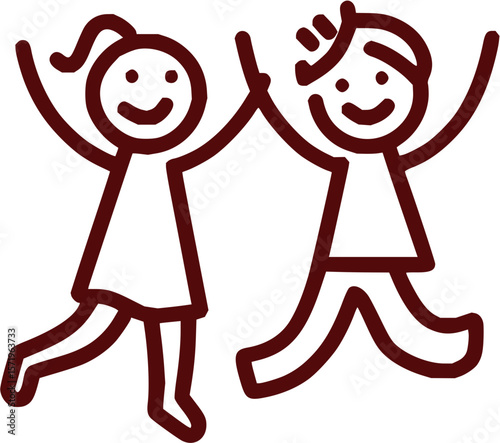 Illustration of two stick figures a girl with a ponytail and a boy jumping with arms raised in brown color