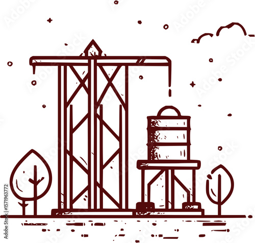 Illustration of a power line tower with a water tank and trees in an outdoor setting scene view