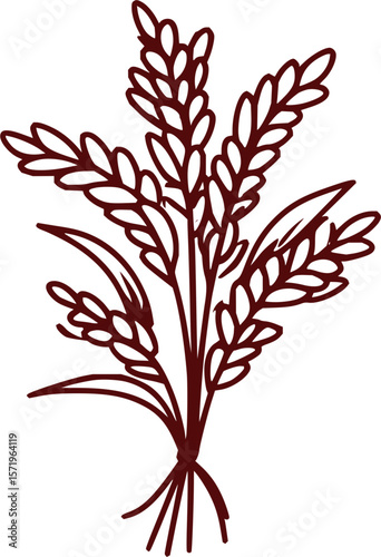 Illustration of a bundle of wheat stalks with detailed grains and tied stems in deep red color tone
