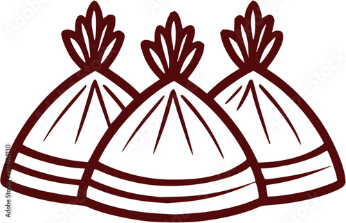 Illustration of three stylized brown teepees with decorative tops in a symmetrical arrangement design