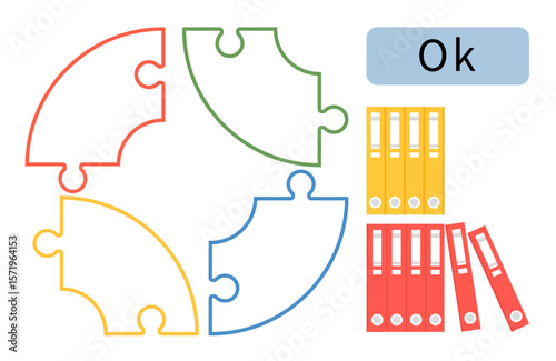 Four interlocking puzzle pieces forming a circle, alongside stacks of file binders and a label. Ideal for teamwork, organization, planning, workflow, collaboration, strategy efficiency. Simple flat