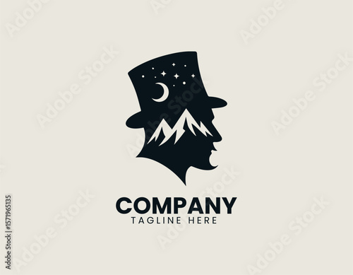 Whimsical Gentleman Top Hat Mountains Night Sky Unique Character Vector Logo Design