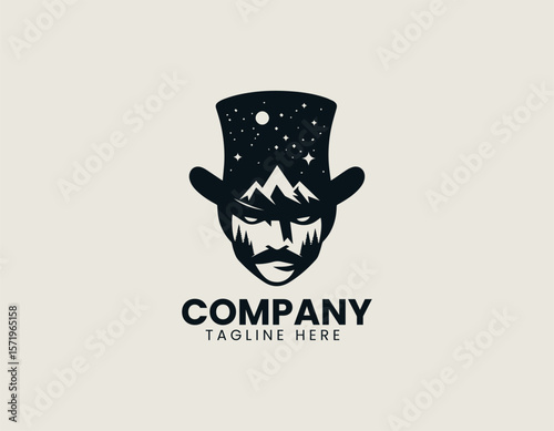 Whimsical Gentleman Top Hat Mountains Night Sky Unique Character Vector Logo Design