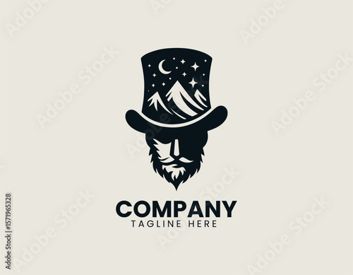 Whimsical Gentleman Top Hat Mountains Night Sky Unique Character Vector Logo Design
