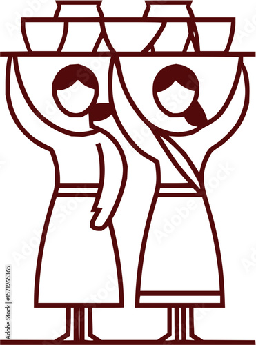 Two women carrying pots on their heads in a stylized line drawing illustration style image art work