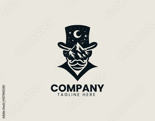 Whimsical Gentleman Top Hat Mountains Night Sky Unique Character Vector Logo Design