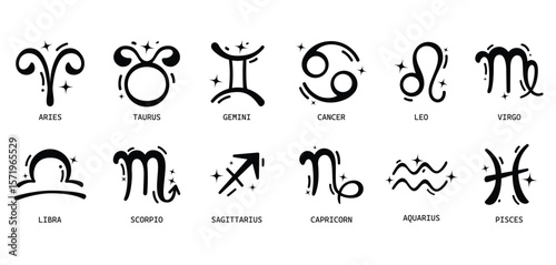 Zodiac signs silhouette astrology clipart set. Zodiac horoscope drawing outline clip art of 12 birth month astrological symbol collection vector illustration. 
