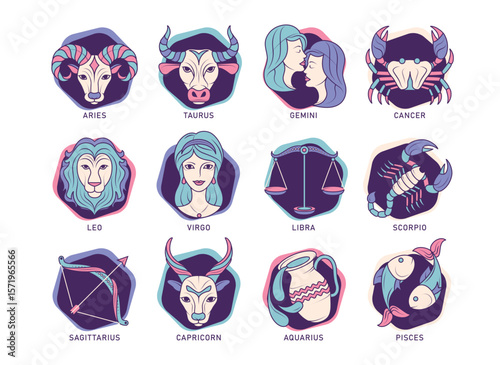 Zodiac signs colorful horoscope clipart set. Zodiac multicolored astrology symbol clip art drawing of 12 birth month pictogram icon collection vector illustration. 
